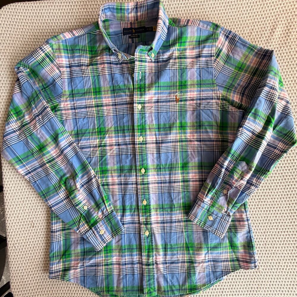 Ralph Lauren Polo Classic Fit Pony logo green plaid button down shirt medium